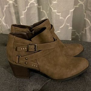 Indigo Rd booties in tan with a brown bottom and antiqued silver accents
